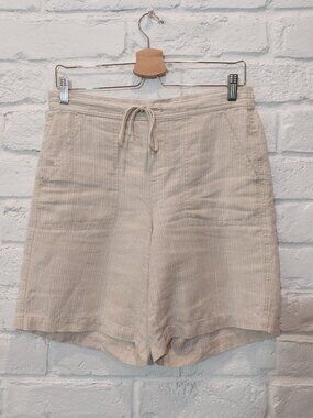 Orvis 100% Linen Pull On Shorts Womens S Beige Cream Stripe Utility Relaxed Fit